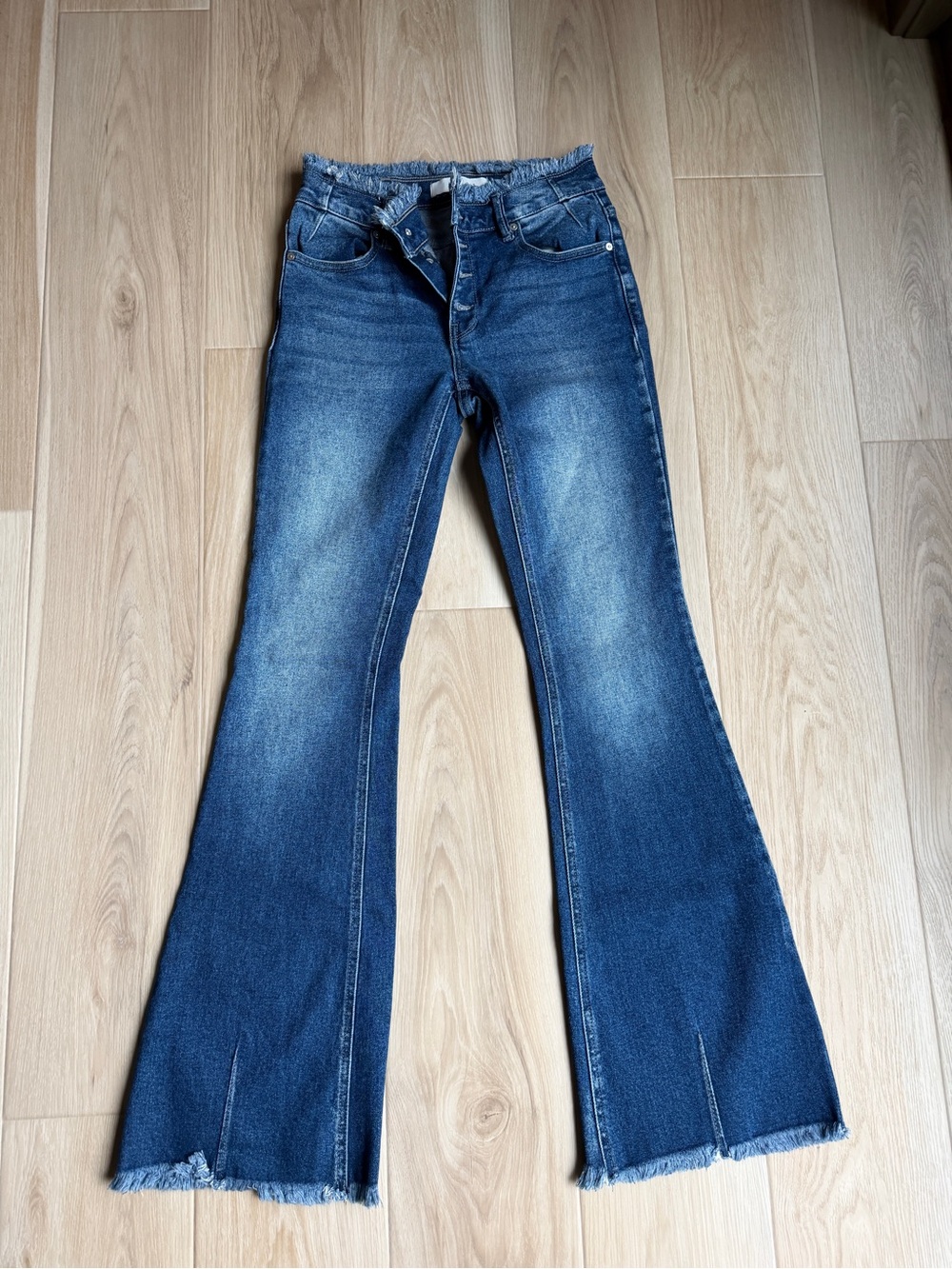 Kancan Dark Blue Flare Jeans with Raw Hem